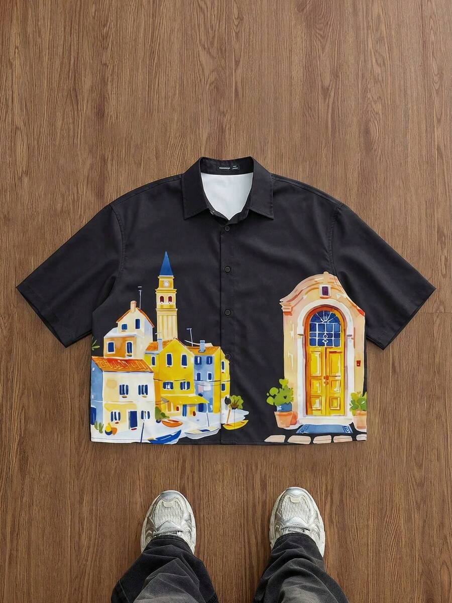 Manfinity Joysei Men's Casual House Print Short Sleeve Shirt, Summer - Black - View 1