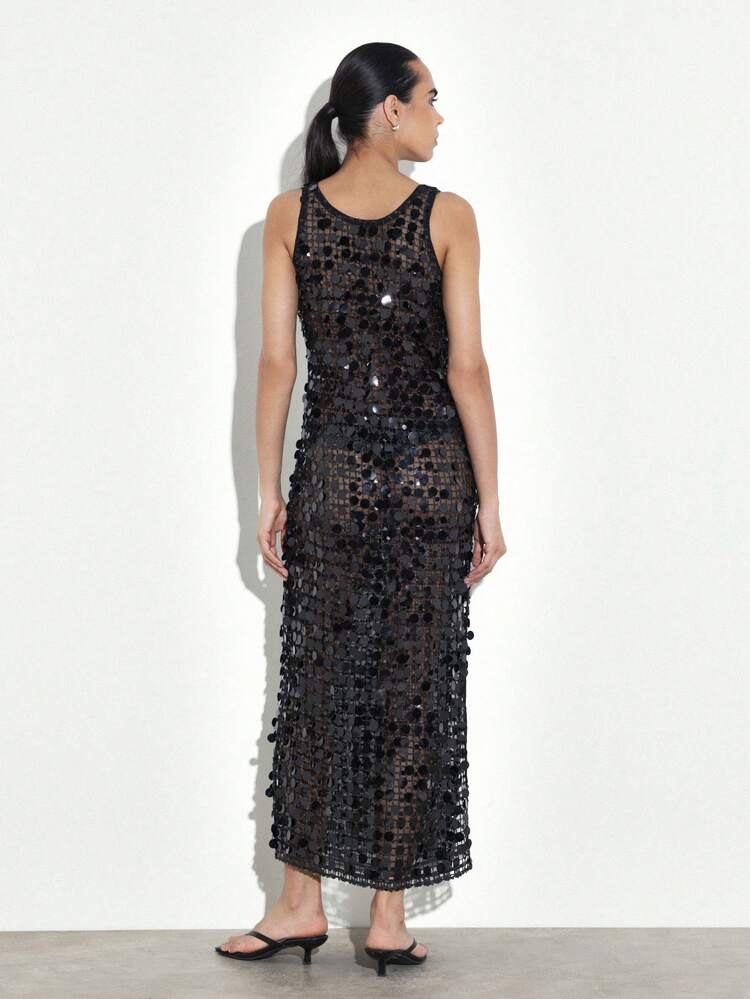 KSTM Women's Black Sequined Sleeveless Evening Maxi Dress With Scoop Neckline And Shimmering Embellishments For Formal Occasions Party Events