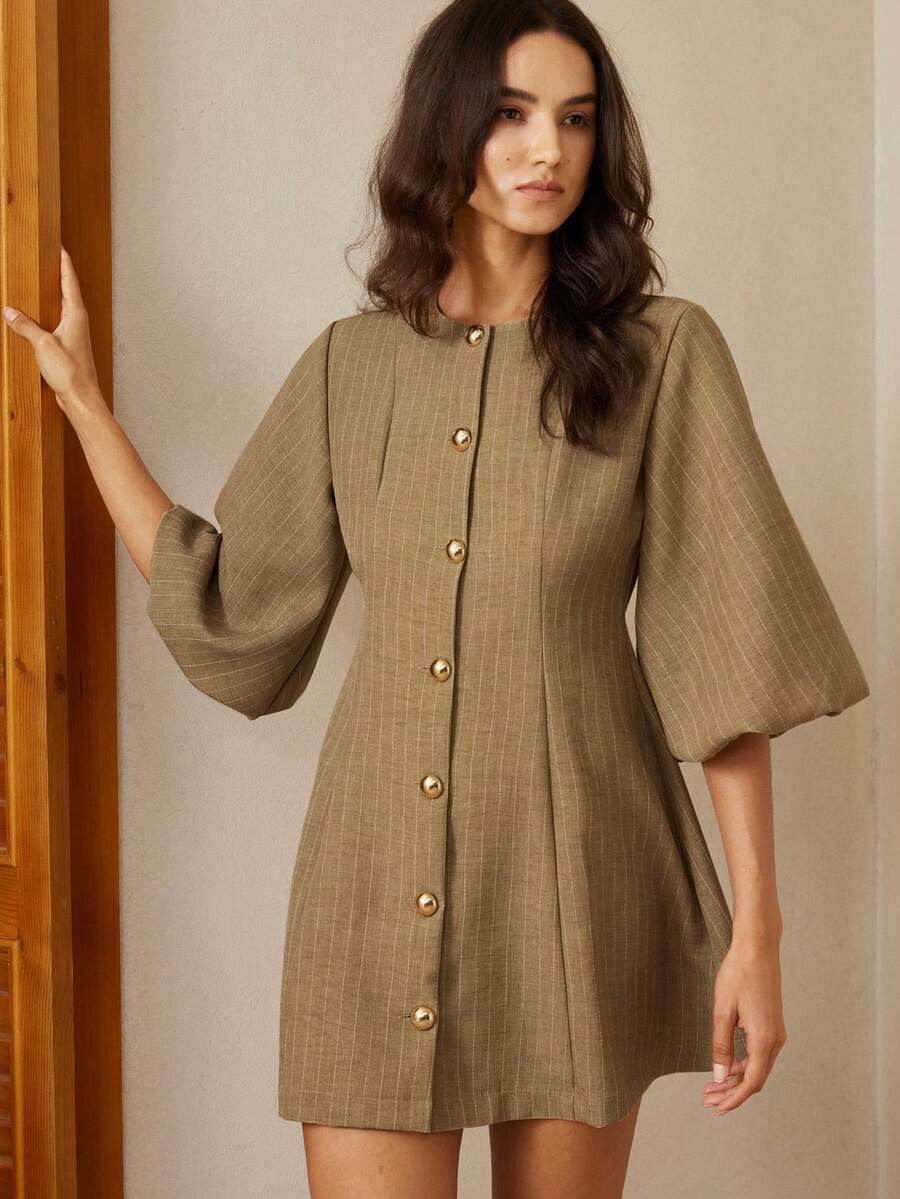 Aveloria Rosie Đầm chữ A tay phồng, thiết kế thời trang kẻ sọc, chất lượng cao, thanh lịch, đa năng dành cho nữ. - màu nâu - Xem 1