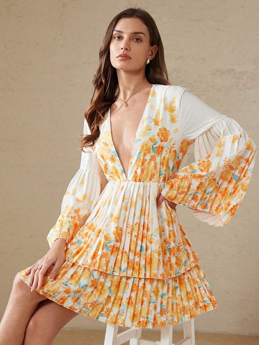 SHEIN LUNE 法式优雅浪漫定位印花深V领荷叶边喇叭袖双层荷叶边下摆女士短裙 - 彩色 - 查看 1