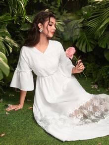 Modelyn Women's White V-Neck Embroidered Lace Patchwork Loose Waist Fit Puff Sleeve Dress - White - View 8
