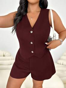 SHEIN EZwear 大码春夏休闲通勤纯色背心短裤套装，商务休闲女装毕业季、返校季、秋冬教师装 - 酒紅色 - 查看 4