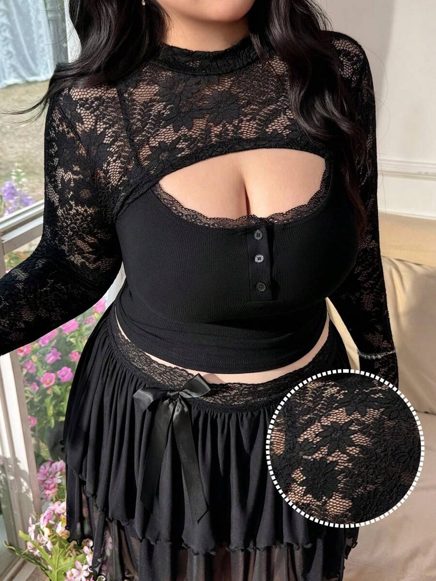 SHEIN CovetEZ 女士加大码蕾丝拼接立领时尚百搭长袖上衣 - 黑色 - 查看 1