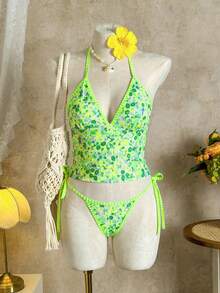 Swim Mod Casual Cute Tropical Ditsy Floral Halter Bikini Set - Multicolor - View 3