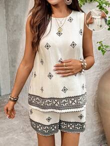 SHEIN 孕妇度假休闲几何印花背心短裤两件套 - 彩色 - 查看 1