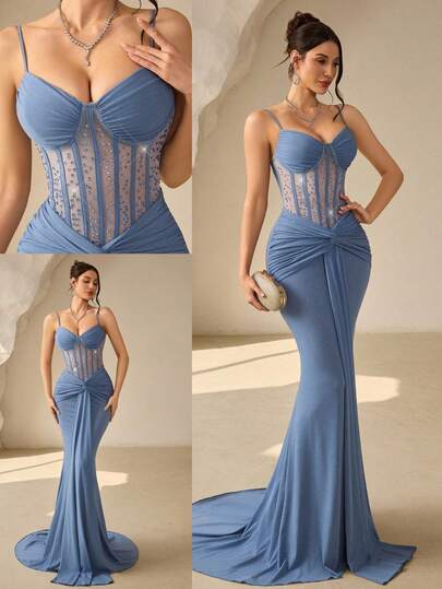 Coutiva Vestido de noche formal de unicolor con decoración de diamante de imitación para mujer