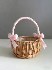 1PC Woven Hand Held Flower Basket Rattan Storage Basket With Bow Decorative Practical Floral Arrangement Container Wicker Picnic Centerpiece For Birthday Wedding Party Favor Home Decor Table Decoration Gift Giving Versatile Organizer - pink - View 3