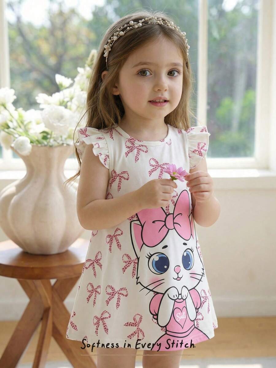 SHEIN 女婴可爱卡通猫咪印花连衣裙，宽松公主风短袖夏季连衣裙，时尚童装 - 彩色 - 查看 1