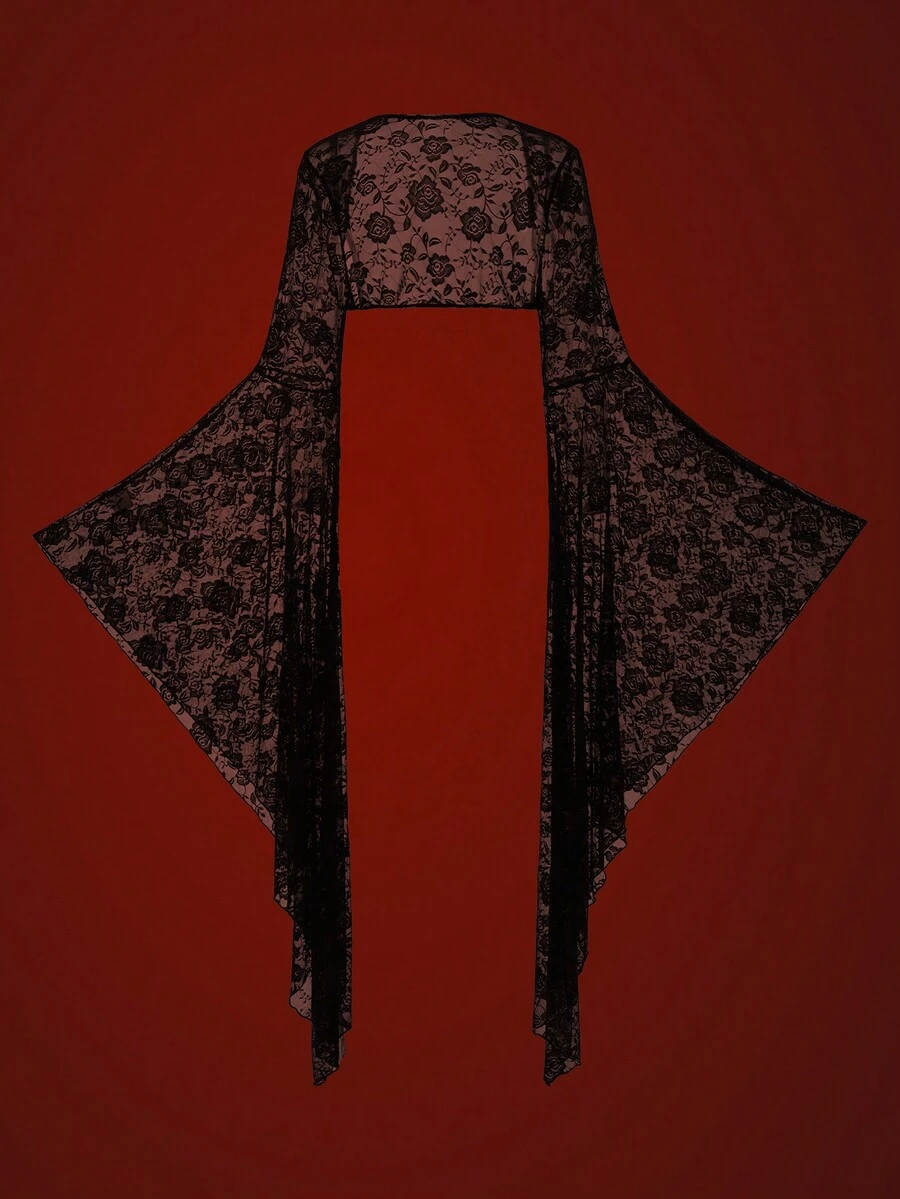 Glisette 浪漫玫瑰花卉蕾丝宽松喇叭袖女式衬衫 - 黑色 - 查看 1