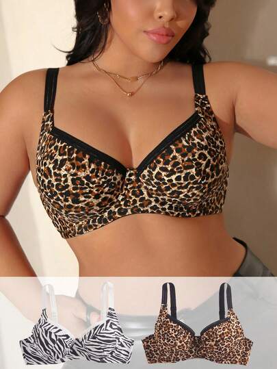 Bộ 2 áo ngực không gọng cỡ lớn, thoải mái, không có lớp lót, gợi cảm, họa tiết da báo.