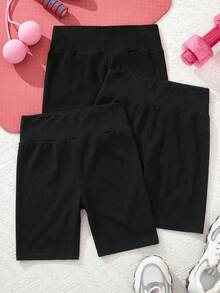 SHEIN Girlism 3件組青少年女孩休閒簡約馬匹印花中長款緊身褲，適合春夏穿著，單車短褲套裝 3件組 - 黑色 - 查看 5