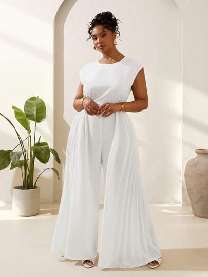 Veslaya 2026 Primavera/Verano Mono de talla grande para mujeres, adecuado para festivales de música, Pascua, fiestas de cumpleaños, graduación, estilo universitario, uso diario, casual, vacaciones, viajes en crucero, playa, tomar el sol, , ropa de calle, invitado de boda, ir al trabajo, brunch, aeropuerto, fiestas, vacaciones, ocasiones elegantes, bailes, relajado, sofisticado mono blanco sin mangas con pierna ancha y plisado