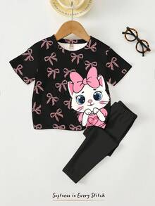 黑色可爱猫咪动物印花休闲舒适柔软圆领宽松短袖T恤和打底裤套装，适合春夏日常、街头风、外出、居家、度假、返校、开学等场合，女童服装 - 彩色 - 查看 4