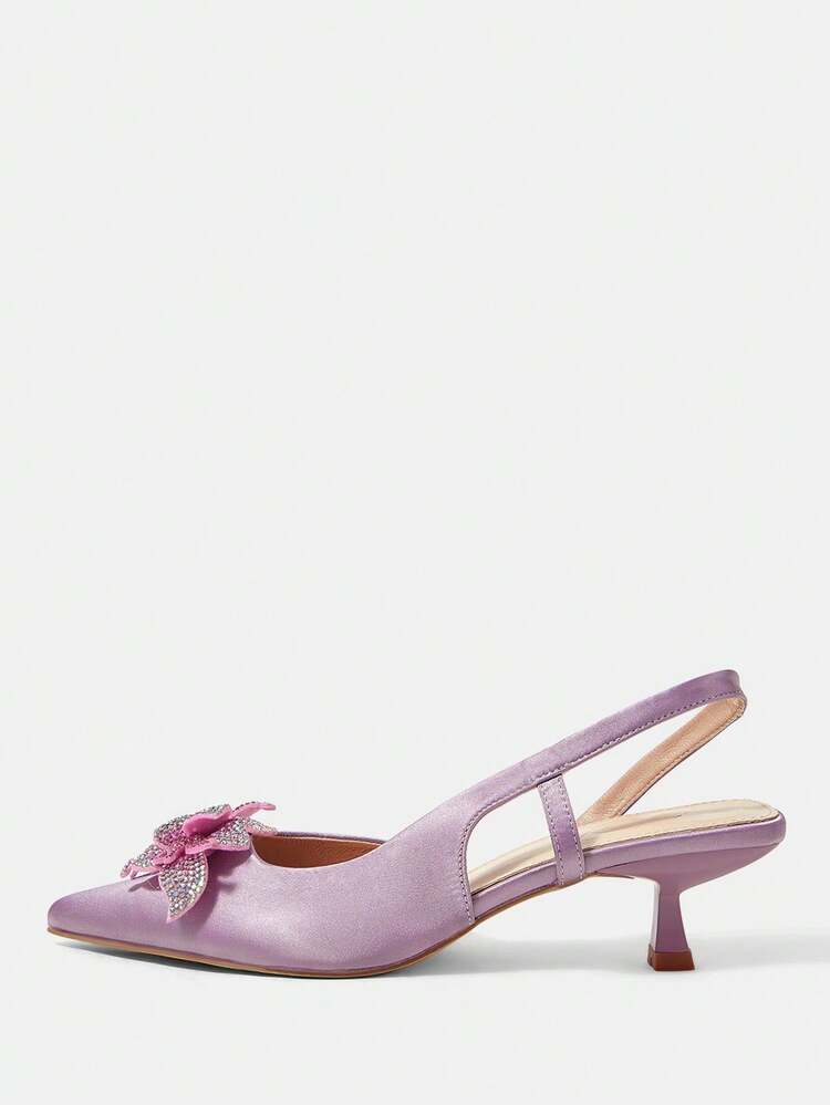 CUCCOO HITCHD Women's Pointed Toe Kitten Heel Rhinestone Floral Satin Comfortable Elegant Pumps, Suitable For Spring/Summer, Weddings, Parties, Formal Occasions