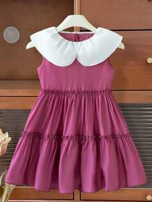 Elladie kids 1件女童夏季新款时尚韩版彼得潘领公主裙，可爱宽松西瓜蛋糕裙，百搭度假时尚连衣裙 - 玫紅色 - 查看 7