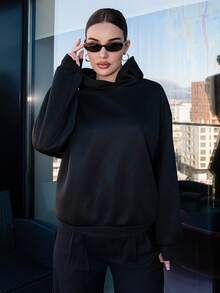 Bris Aura Black Casual Minimal Print Hooded Long Sleeve Loose Fit Thick Sweatshirt For Women, Spring/Autumn And Winter Hoodie - Black - View 1