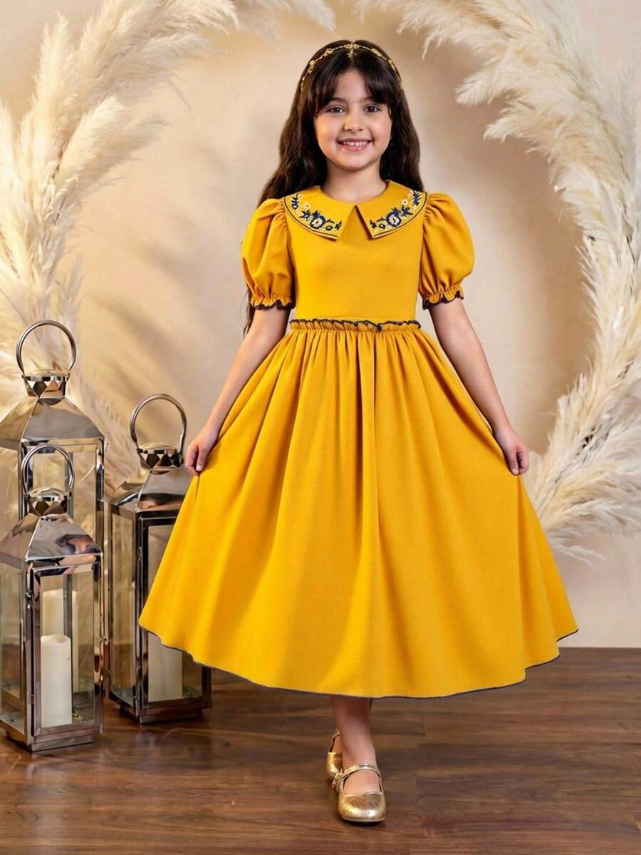 Vestido para niña preadolescente primavera/verano casual vacaciones exquisito bordado floral & plantas cuello plisado manga corta abullonada línea A tejido unicolor amarillo NIÑOS - Amarillo - Ver 1