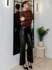 Bris Aura All-Match Round Neck Casual Versatile Long Sleeve Knit Undershirt Brown Long Sleeve Top Dark Brown Top Chocolate Brown Top Coffee Brown Top Brown Top Women - Coffee Brown - View 6