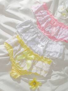 Tween Girl Ruffled, Sweet, Cute Bow Decor Panties - Blue - View 3