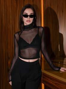 Bris Aura Stockholm Style, Women's Teacher Outfit, Autumn Clothing, High Collar Turtleneck Knit Top, Elegant Autumn/Winter Blouse, Mesh Long Sleeve Shirt, Business Casual Women's Basic Top - Black - View 1