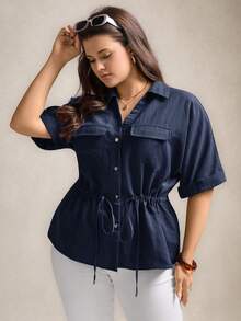 Comfylo Plus Size Women Drawstring Waist Short Sleeve Utility Pocket Loose Shirt - Navy Blue - View 5