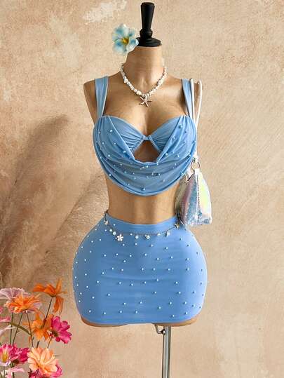 Soleia Women's Solid Color Faux Pearl Decor Bodycon Mini Skirt