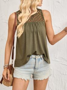 SHEIN Holidaya Women's Army Green Sleeveless Round Neck Hollow Out Ruched Fitted Tank Top - Army Green - View 1