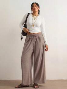 Freevana 加大码女式黑色长袖圆领保暖内衣，腰部褶皱收腹T恤 - 白色 - 查看 1