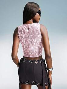 GENKIRA Áo thun nữ cổ tròn đính sequin, kiểu dáng thường ngày, đa năng. - Hồng - Xem 2