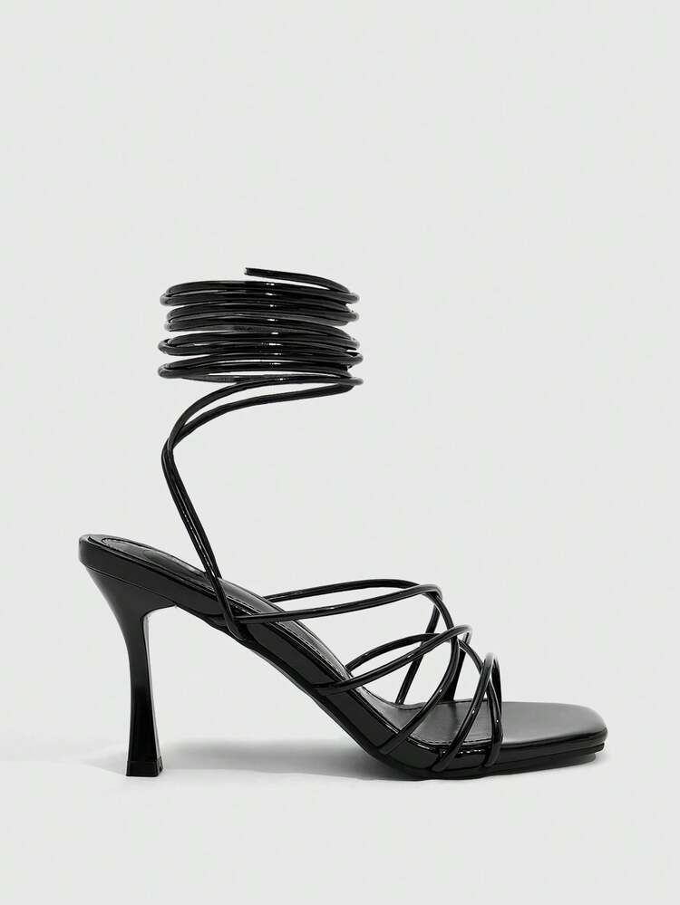 CUCCOO SZL Women's Square Toe Thin High Heel Black Strap Sandals, Sexy Fashion Party Dress Heels, Summer Ladies High Heel Sandals Prom Heels