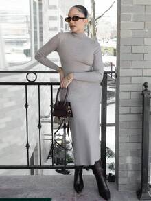 Melissa Matos Women's Solid Color Stand Collar Long Sleeve Side Slit Hem Knitted Dress, Autumn/Winter,Fall,Fall Clothes For Women,Winter Clothes For Women - Camel - View 4