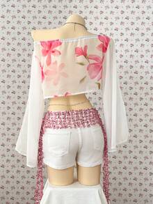 SuriyaCove Women's Vacation Beach Floral Print Cropped Top - Beige - View 2