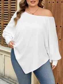 SHEIN CURVE+ Curve 尺码 US22 音乐节、海滨度假、波西米亚风女式不对称下摆蝙蝠袖纯色斜肩宽松休闲上衣 T 恤 秋季女装、冬季、CURVE PLUS 大码 T 恤 可爱上衣 - 白色 - 查看 6