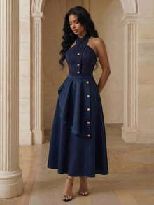 Anewsta Women's New Asymmetrical Ruffle Hem Elegant Skirt - Navy Blue - View 5