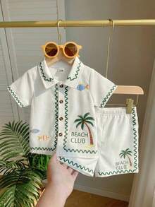 SHEIN Playful Pals 2件組男童熱帶度假風純白夏季可愛度假套裝 短袖襯衫&彈性腰短褲 嬰兒夏威夷波希米亞海灘穿搭 6M-3T - 白色 - 查看 5