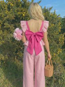 SHEIN 少女撞色蝴蝶结荷叶边阔腿连体裤 - 粉色 - 查看 5