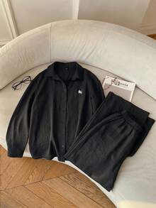SHEIN EZwear Women's Black Woven Shirt With Horse Embroidery And Pants Casual Suit - Black - View 7