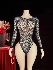 1pc Women's Sexy Hollow Out Sheer Fishnet Bodysuit - Black - View 4