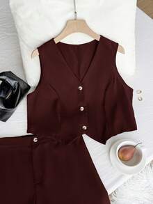 SHEIN EZwear 大码春夏休闲通勤纯色背心短裤套装，商务休闲女装毕业季、返校季、秋冬教师装 - 酒紅色 - 查看 11