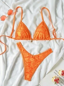 Swim Mod 2-Piece Set,Red Orange,Summer,Casual,Holiday,Vacation,Holiday Floral Print Gold Disc Decor Halter Triangle Bikini Top And High Cut Thong Swimwear - Multicolor - View 5