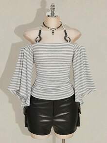 SHEIN ICON 大码女式 Y2K 复古条纹露肩喇叭袖吊带时尚 T 恤，前卫街头风，休闲喇叭袖露肩条纹针织上衣 - 彩色 - 查看 3