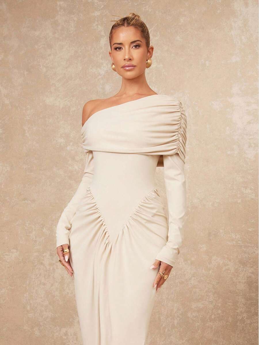 Lumalex 女式斜领露肩褶饰长袖修身腰连衣裙