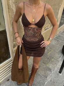 Aloruh Đầm ngắn ôm sát gợi cảm với dây mảnh, chất liệu vải dệt họa tiết Bohemian mới, kiểu dáng hở vai, thích hợp cho kỳ nghỉ. - màu nâu - Xem 3