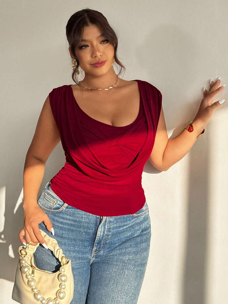 Firerie 女士优雅浪漫约会之夜套装 - 酒红色针织网纱长袖圆领修身上衣，适合优雅约会、日常休闲穿着、派对和度假。 - 紅色 - 查看 1