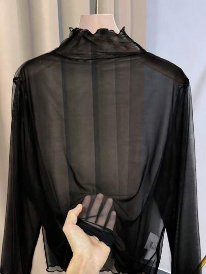 Elenzga Plus Size Sheer Mesh High Neck Ruffle Trim Blouse