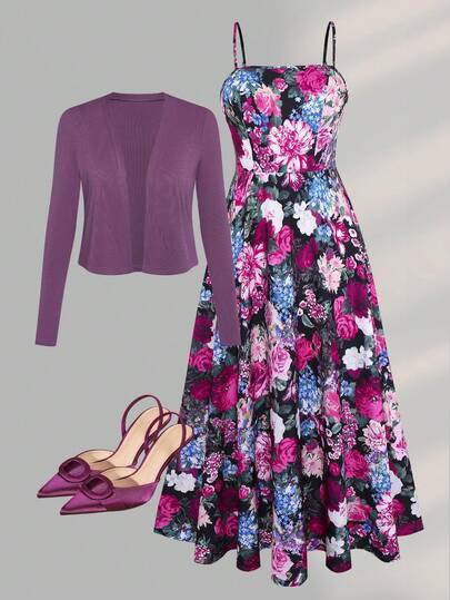 Franclia Plus Size Women 2-Piece Set: Solid Color Long Sleeve Jacket And Floral Print Camisole Dress Woman Spring Outfits Dress With Cardigan Set Purple Outfits For Women Purple Floral Dress Floral Wedding Guest Dresses Women Elegant Outfits Women Spring Outfit Women's Dress Formal Wear Women's Cocktail Dress With Cardigan Floral Print Sundress And Purple Cardigan Semiformal Outfits For Women Occasion Outfit Spring Outfits For Women Dresses Outfits For Ladies Wedding Guest Outfits For Women