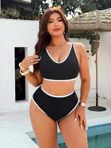 Swim Vcay 大码女式两件套纯色高腰比基尼套装 - 黑與白 - 查看 3