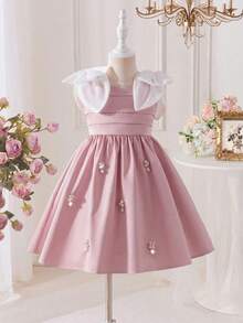 SHEIN 女童撞色编织3D蝴蝶结吊带连衣裙 - 淺粉色 - 查看 3