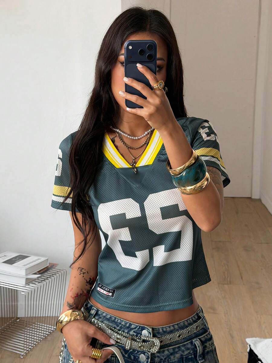 Coolane Women's Casual V-Neck Short Sleeve Numeric Print T-Shirt - Army Green - View 1