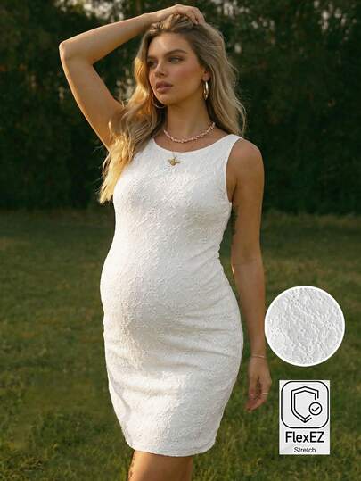 SHEIN Maternity Summer Solid Color Textured Round Neck Bodycon Dress Summer Outfits Vacation Outfits White Dress
